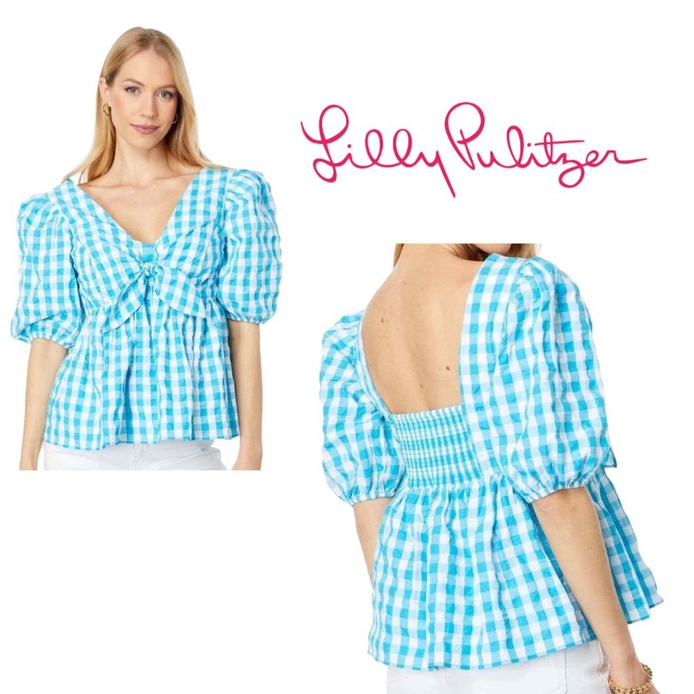 Lilly Pulitzer Sarafina Short Sleeve Gingham Top in Turquoise Oasis‎ Size 2 NWT